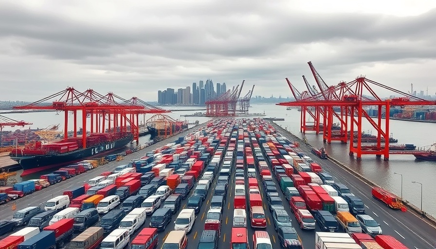Expansive port scene highlights vehicle trade imbalance.