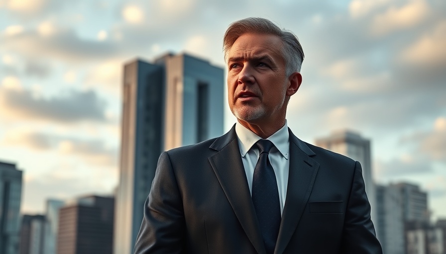 Confident professional discussing AI tools for small business against a cityscape.