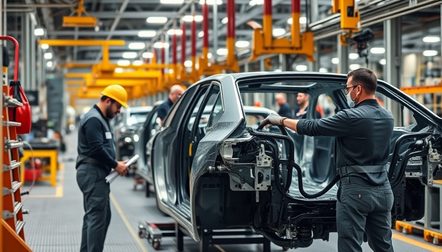 Factory workers assembling car frames highlighting price hikes for American-made cars.