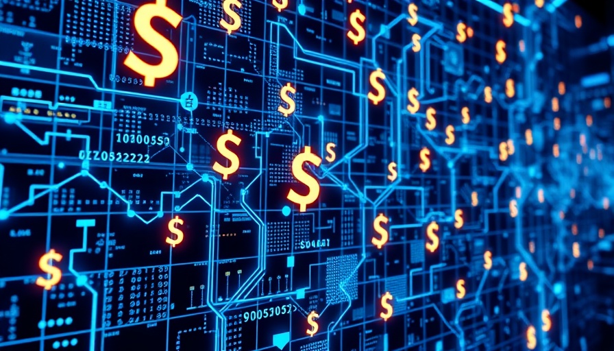 Futuristic digital grid with glowing currency symbols representing tokenized cash.