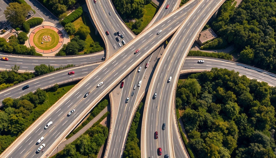 Aerial view of a complex freeway interchange illustrating auto origination growth.