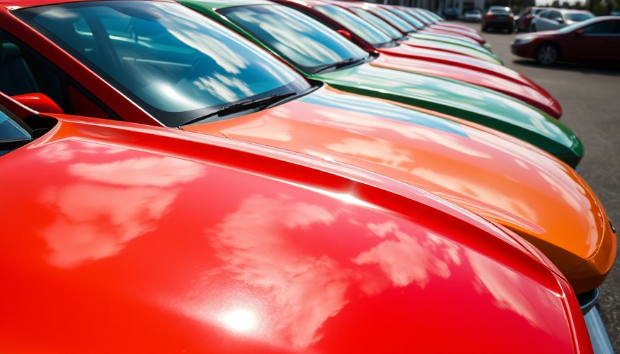 Colorful car hoods reflecting sky in a dealership lot.
