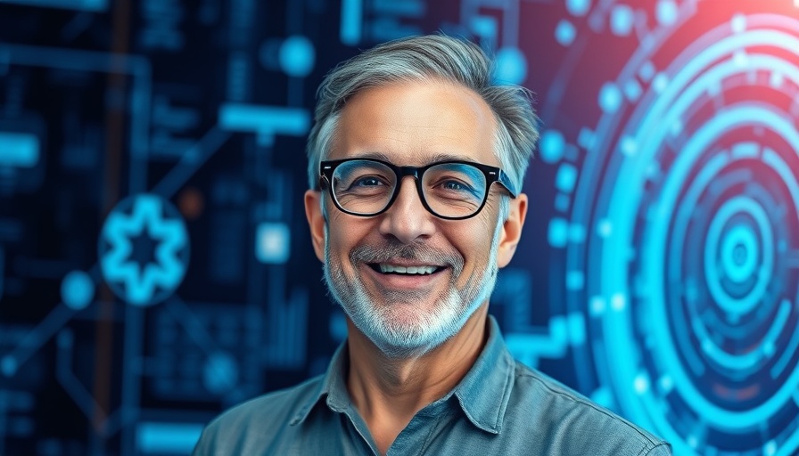 Confident man in tech-themed background with AI business tools.