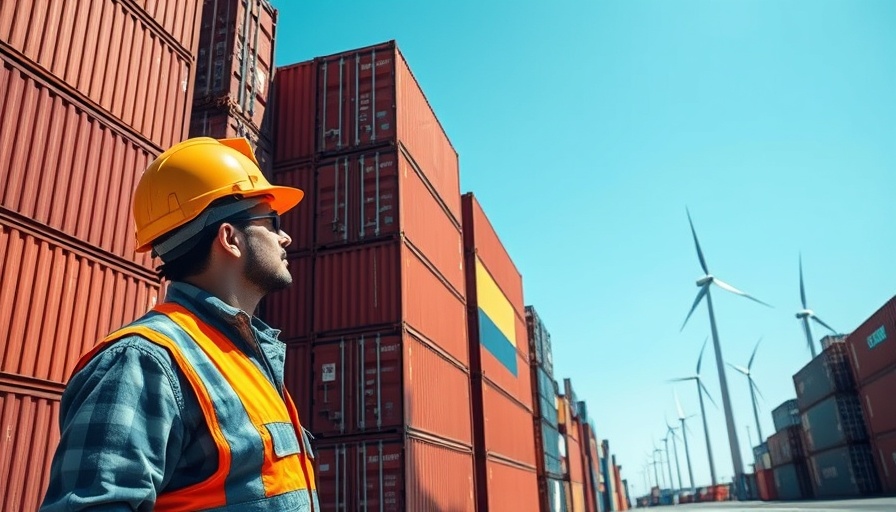 Industrial scene with worker and shipping containers, related to impact of tariffs on energy transition.