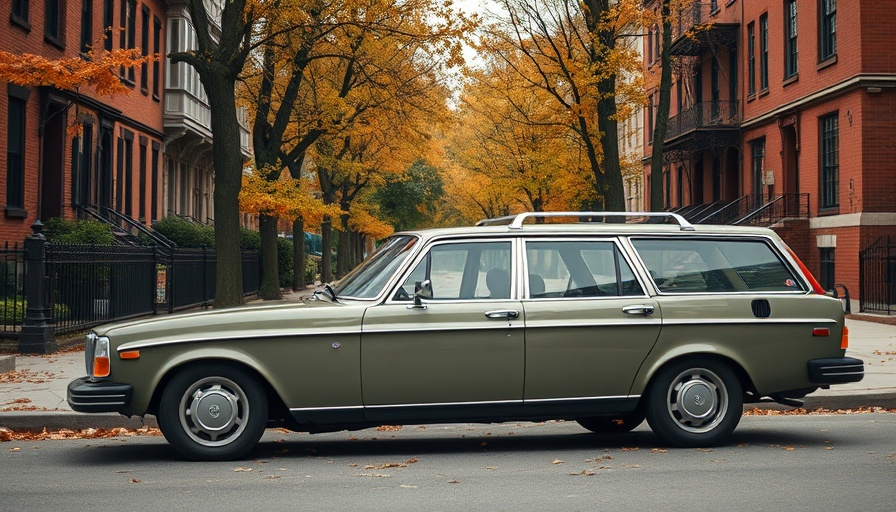 Vintage Volvo station wagon parked on a leafy street, commemorating Volvo 70 years in America.