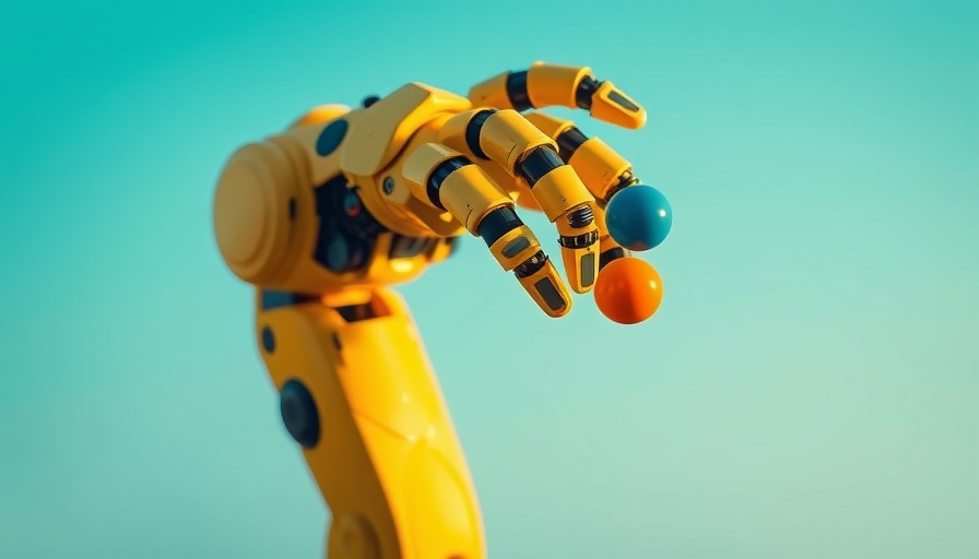 Yellow robotic arm handling colorful spheres, illustrating robotics and automation for small businesses.