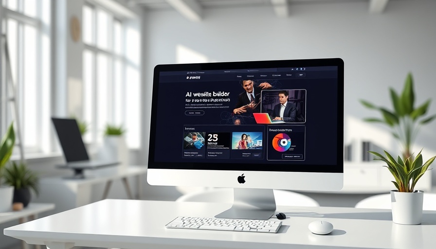Sleek computer displaying AI website builder in bright office.