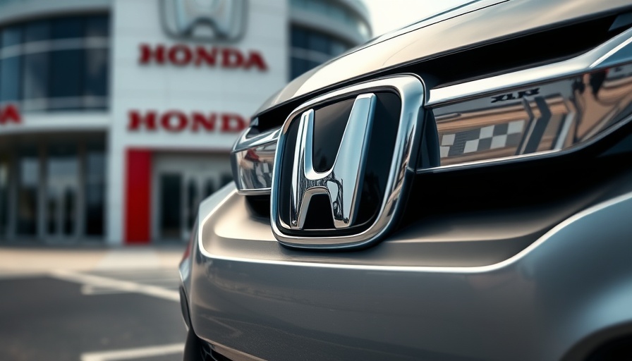 Close-up of Honda car logo outside corporate building.