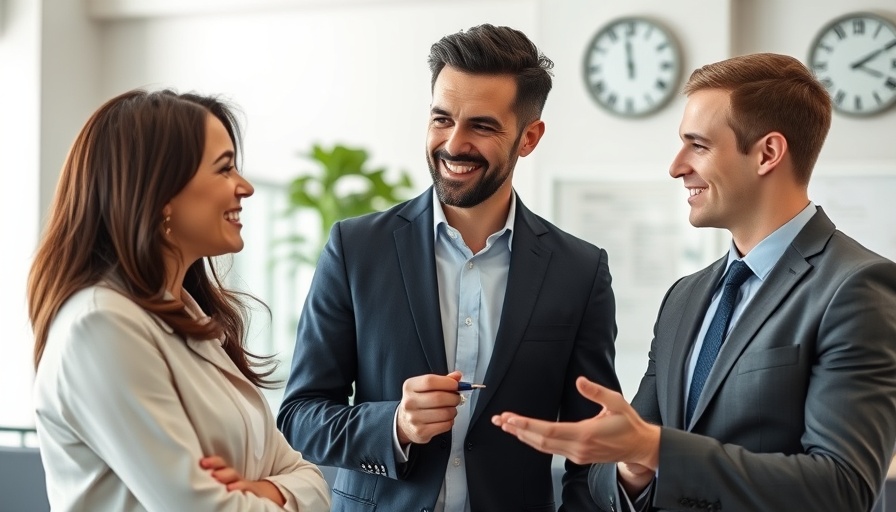 Smiling professional discussing customer-centric selling techniques in office.