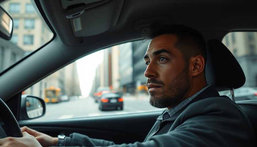 Man driving in city, focused on used car test drive.