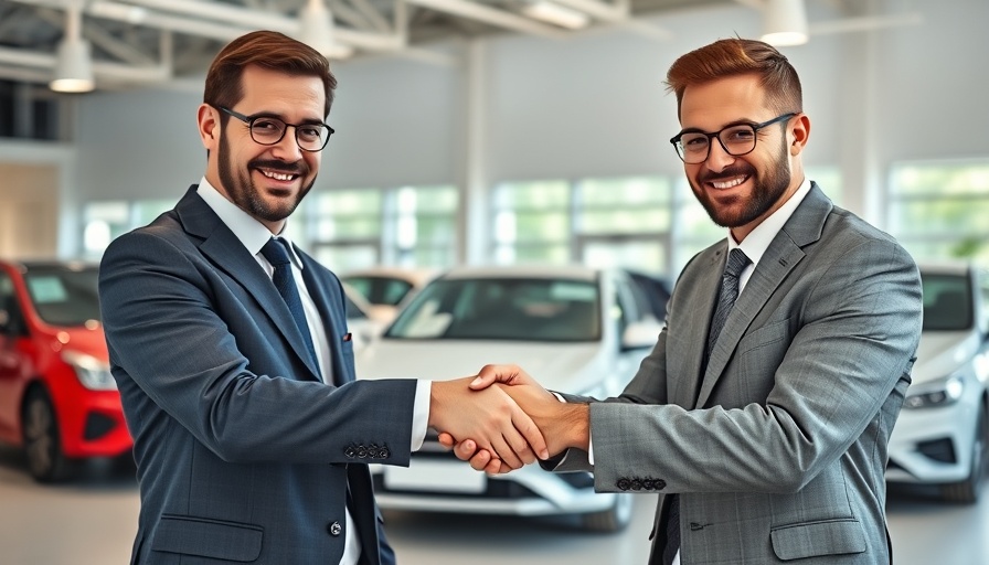 Two businessmen in a car showroom discussing the Four Square Method in car sales.