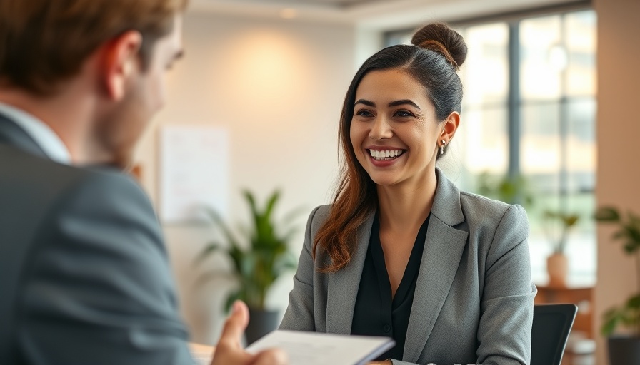 Confident businesswoman smiling during automotive sales negotiation.