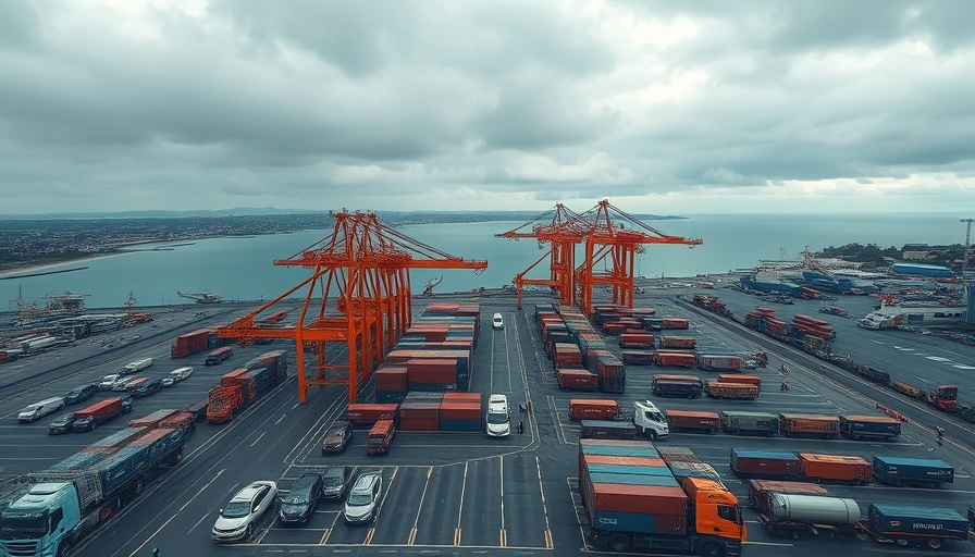 Aerial view of a bustling shipping port related to U.S. auto sales and tariffs.