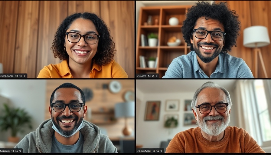 Virtual meeting with four people, various backgrounds.
