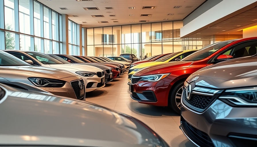 Modern car dealership with sleek parked vehicles under warm lighting.