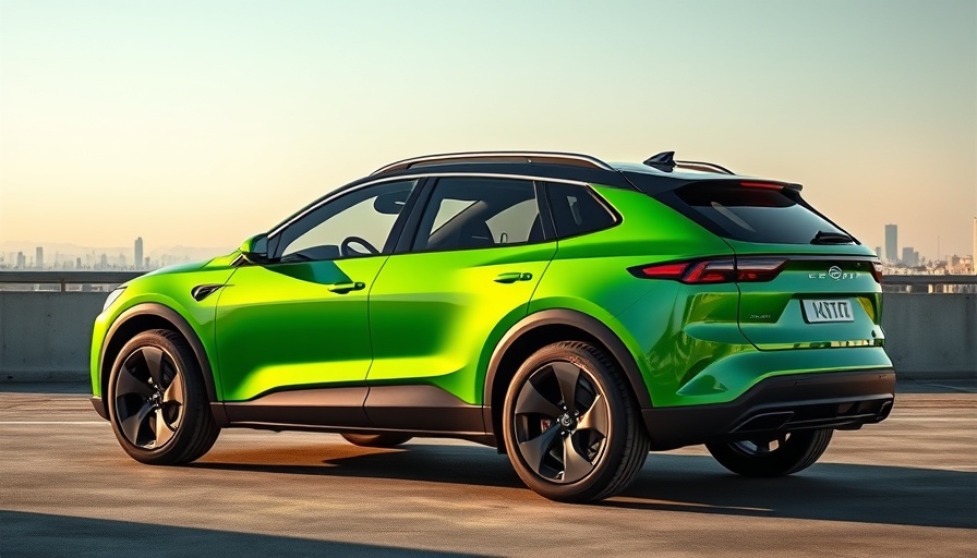 Green electric SUV against cityscape, EV sales report