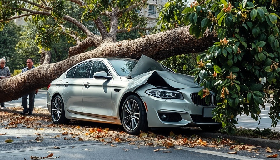 Luxury car crushed by tree, illustrating auto insurance inflation impact.