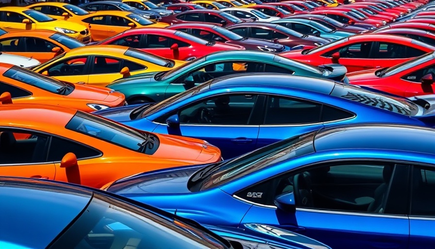 Colorful cars showcasing design in a car lot; steel and aluminum tariffs auto industry context.
