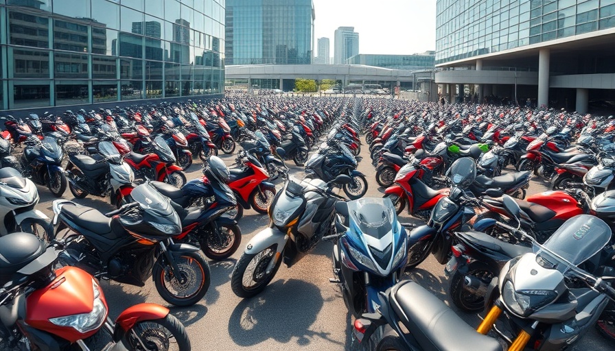 Colorful motorcycles in bustling urban parking lot - Aqua Finance Wells Fargo powersports financing.