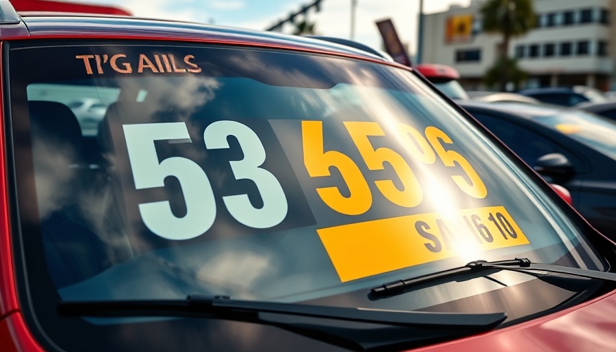 Used car with bold price display in an urban lot.