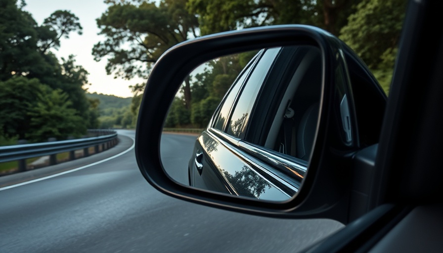 Reflection in car mirror depicting driving on scenic highway, auto insurance loyalty trends.