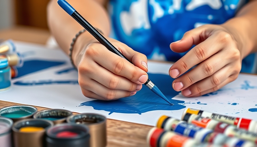 Artist hands painting abstract blue art with tools on a table.