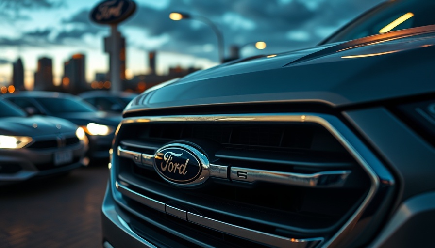 Ford vehicle grille at dusk in dealership showcasing dealer support and technology Ford Credit H2 goals.