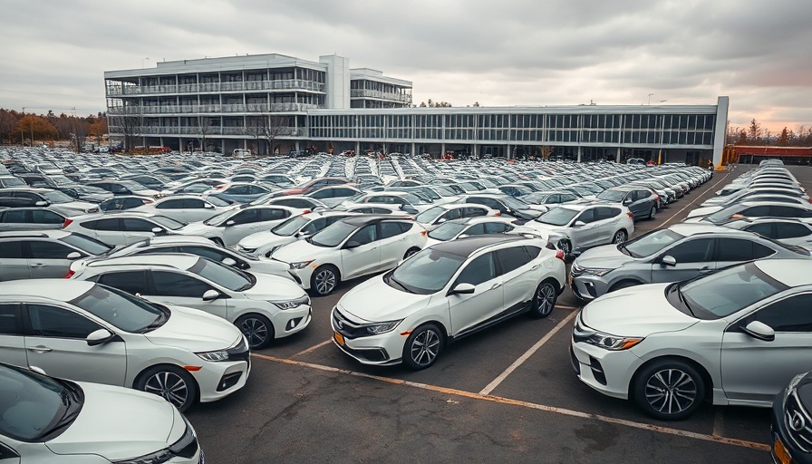 Cars parked in large lot with parking structure, Stellantis Financial Services.