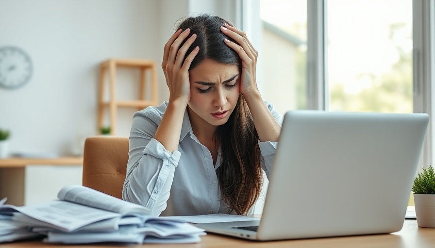 Woman at desk anxious about payments, bright office, protecting automotive financing.