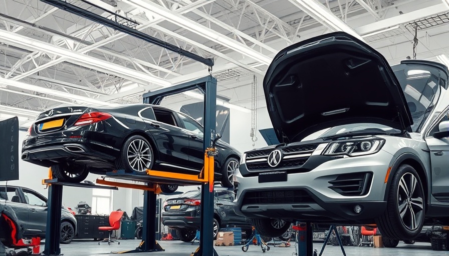 Auto body repair shop with cars on lifts being serviced.
