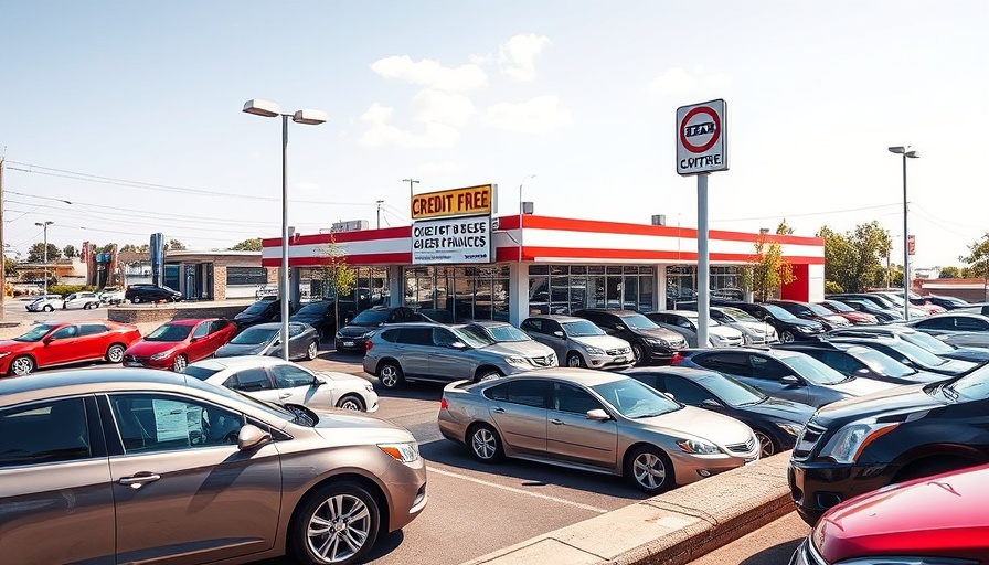 Car dealership with subprime financing on a sunny day.