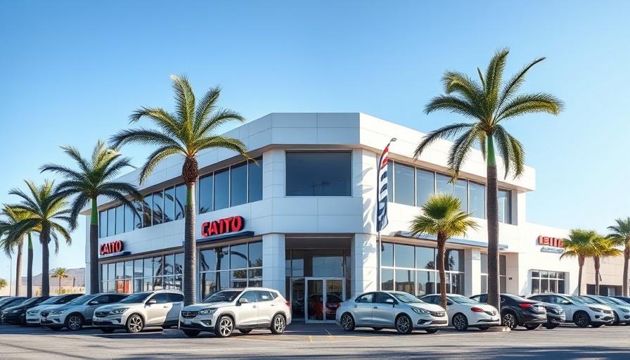 Tricolor auto dealership facade with parked vehicles in front