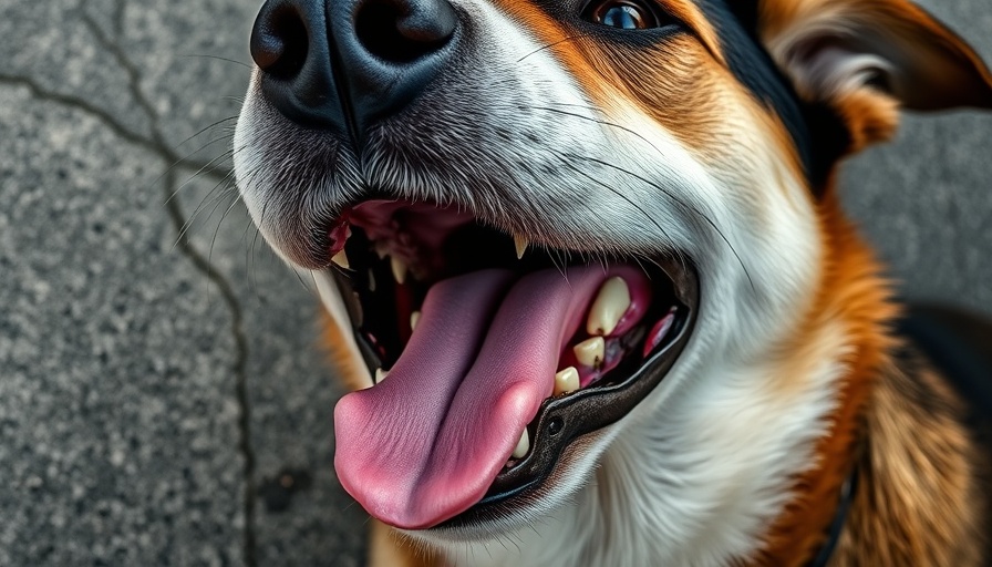 Close-up of dog's open mouth showing teeth and tongue, related to heart murmur in dogs.