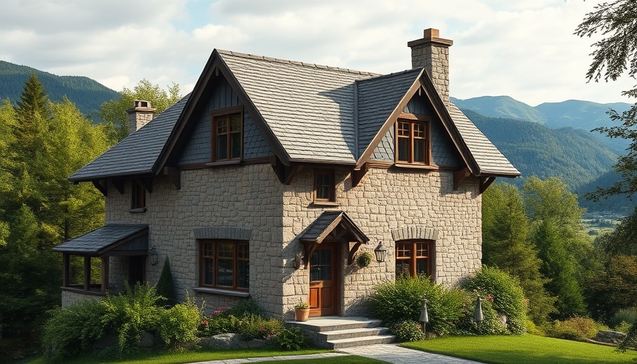 Picturesque stone and wood house with mountain backdrop.