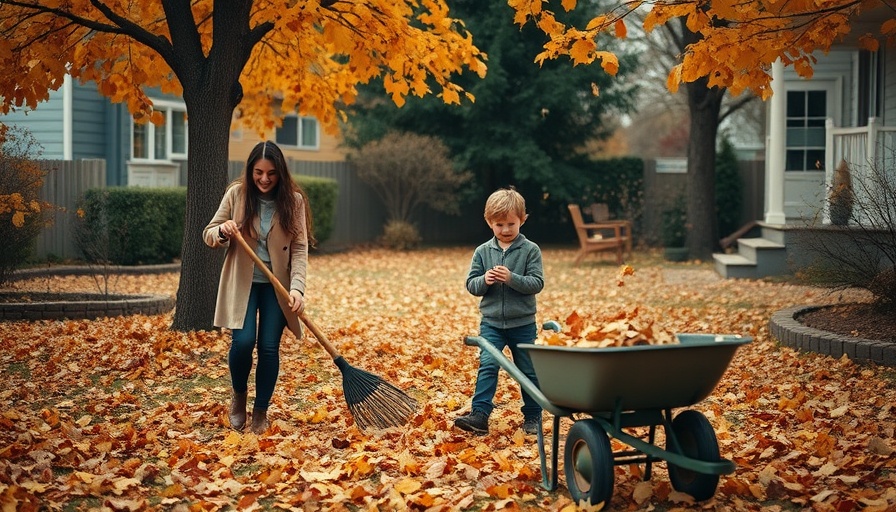 Family raking leaves in cozy autumn backyard, enhancing seasonal charm.