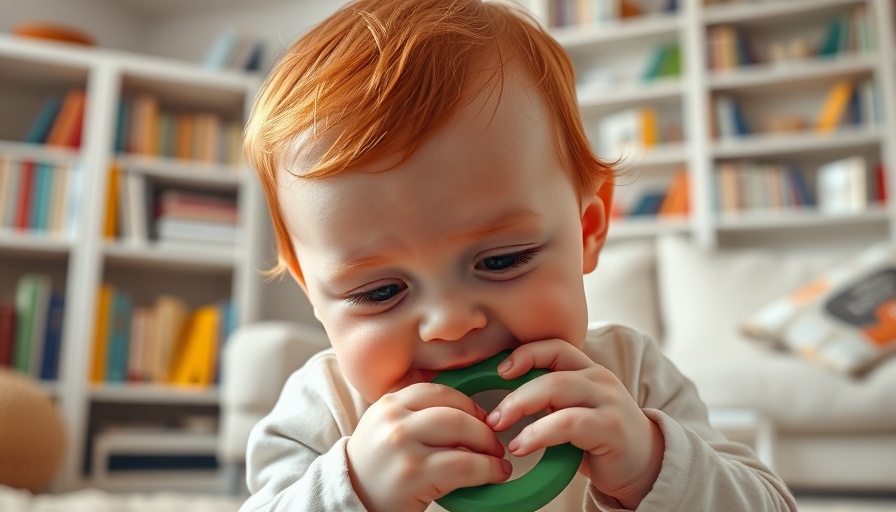 Adorable baby teething on toy in bright room.