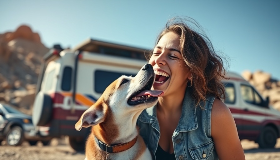 Smiling woman with dog near colorful van, outdoors