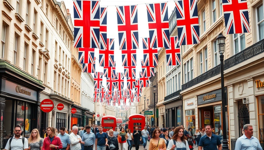 Vibrant London street scene with Union Jack flags for UK electronic travel authorization application process.