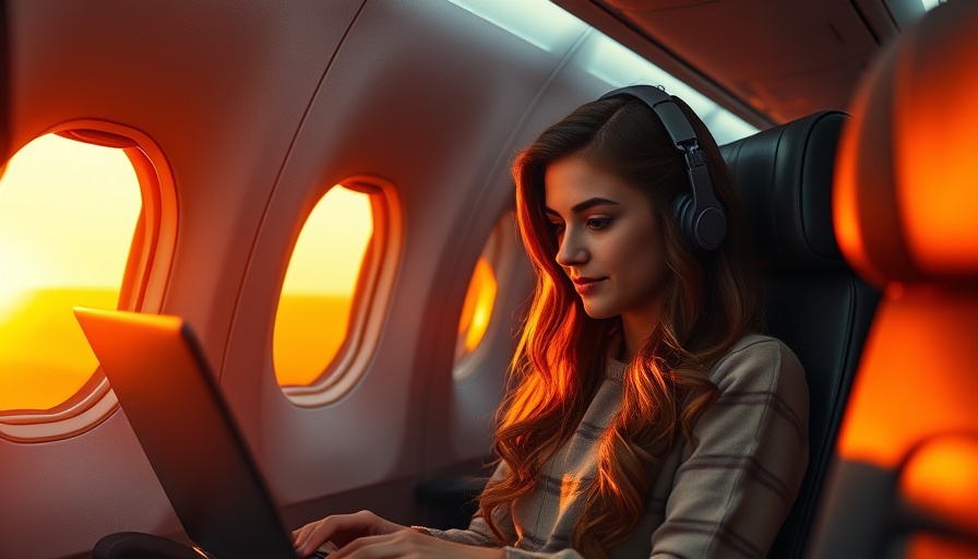 Business travel using points: woman on plane with laptop, Amex.