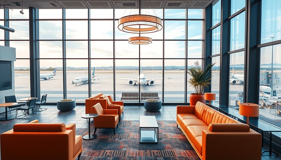 Priority Pass airport lounge with modern seating and runway view.