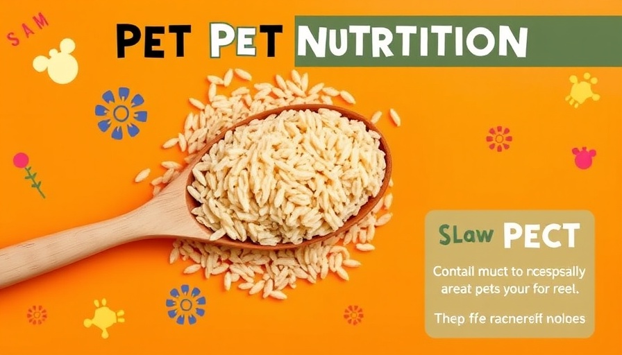 Graphic about brown rice for pets with wooden spoon on orange background.