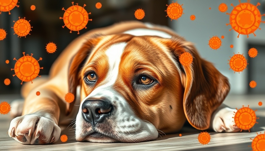 Dog gut health concept with resting dog and orange theme.