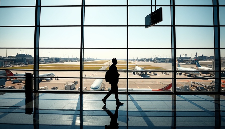 Traveler at Newark Airport with runway and planes, natural light.