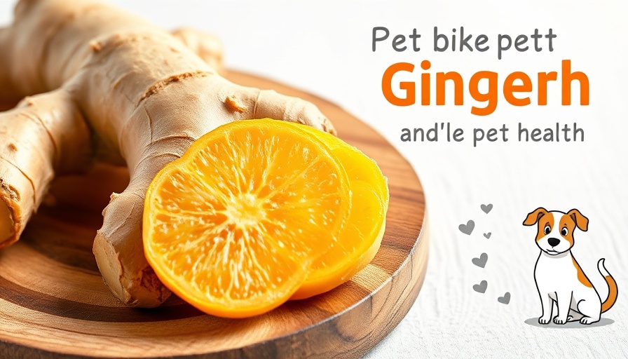 Pet health ginger benefits with fresh ginger on board and playful text.