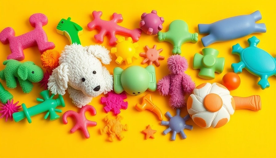 Colorful pet toys on yellow background highlighting pet health risks.