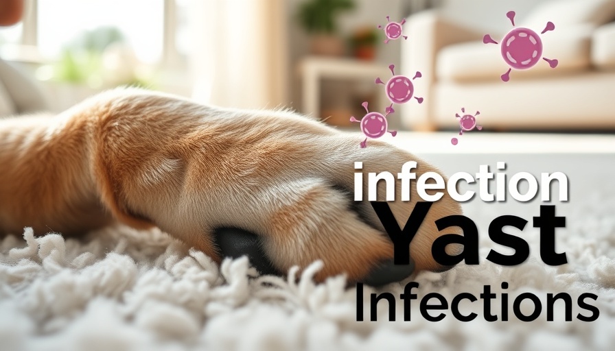 Close-up of a dog's paw with text about yeast infections in dogs.