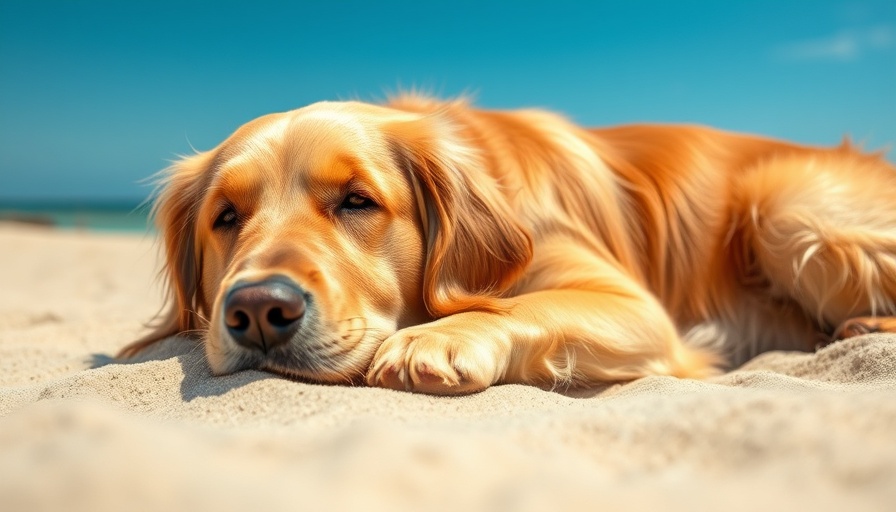 Golden retriever enjoying summer sun on the beach, dog skin health.