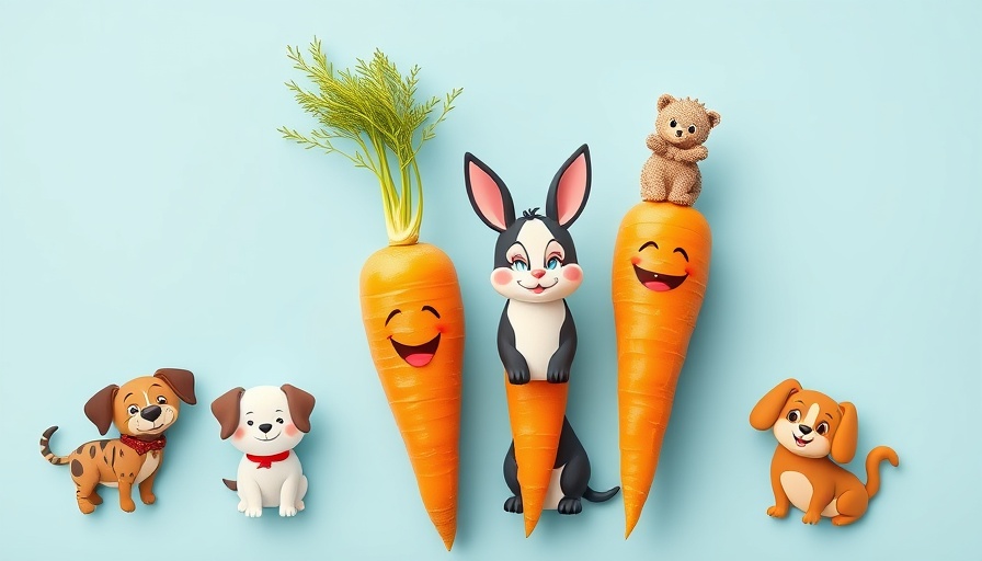 Colorful carrots and cartoon pets highlight pet health benefits.