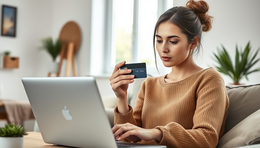 Woman using laptop looking at credit card in modern room.