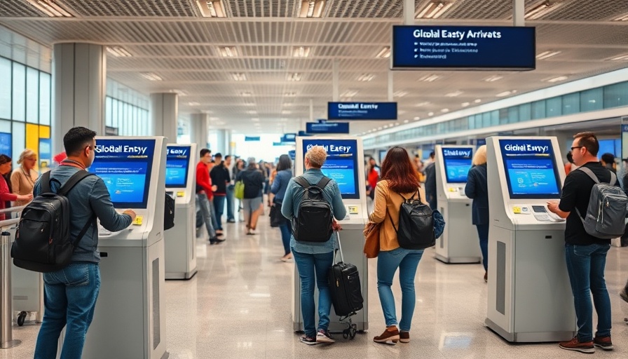 Modern airport Global Entry kiosks with travelers interacting, 2025.